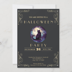 Invitation Tableau noir Chat noir doré Lune Halloween