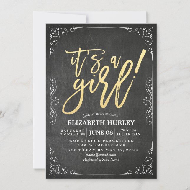 Invitation Tableau noir et blanc baby shower à cadre floral (Devant)
