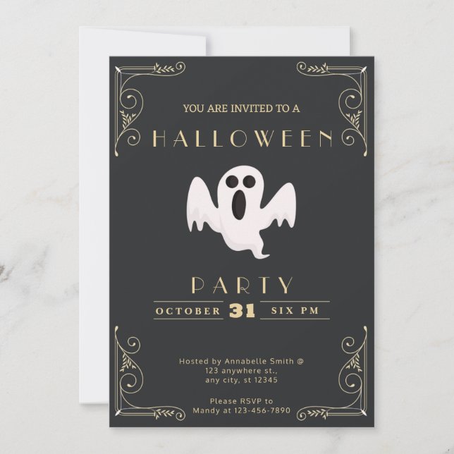 Invitation Tableau noir et or blanc fantôme Halloween Hallowe (Devant)