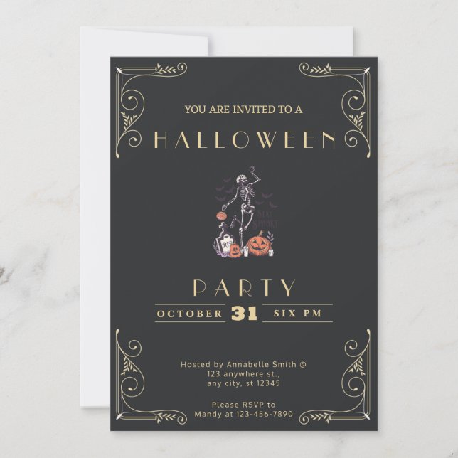 Invitation Tableau noir et or Squelette Grave Halloween squel (Devant)