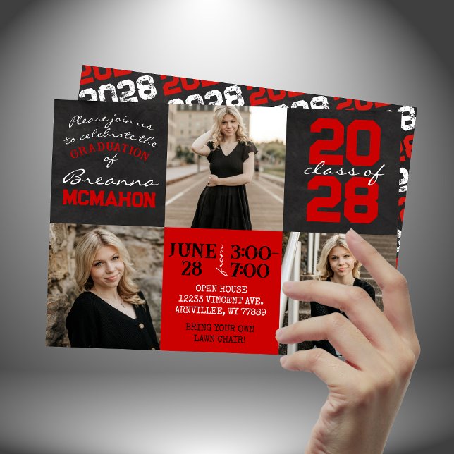 Invitation Tableau noir et rouge 3 Diplôme photo (Red & Black Graduation 3 Photo Chalkboard Invitations)