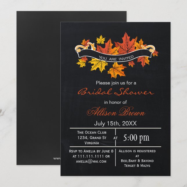 Invitation tableau noir feuilles d'érable automne douche nupt (Devant / Derrière)
