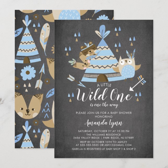 Invitation tableau noir garçons Wild One Baby shower Invitati (Devant / Derrière)