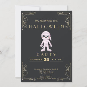 Invitation Tableau noir Halloween Mummy Mignonne Or et Noir