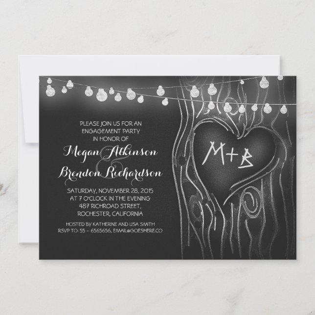 Invitation tableau noir lumières arbre fiançailles romantique (Devant)