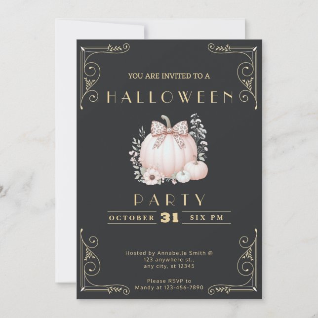 Invitation Tableau noir & or Citrouille Bow Cute Halloween (Devant)