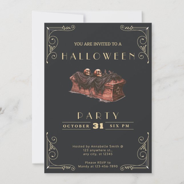 Invitation Tableau noir & or Crânes de café Halloween (Devant)