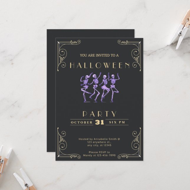 Invitation Tableau noir & or rouge Esquisses violettes Hallow (Devant/Arrière en situation)
