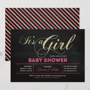 Invitation Tableau noir, Or Typographie Fille Baby Shower