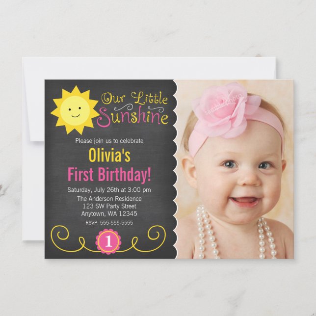 Invitation Tableau noir Petit soleil rose jaune Anniversaire (Devant)