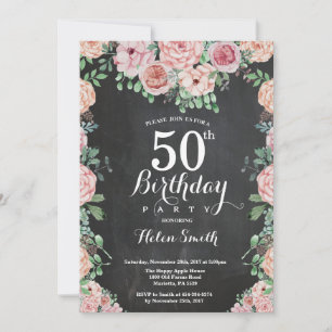 Invitation Tableau noir pour 50e anniversaire avec pivoines r