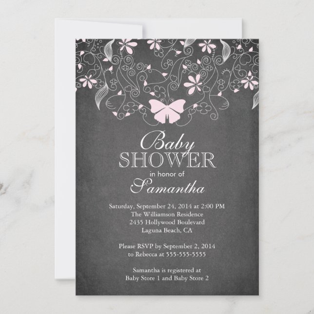 Invitation Tableau noir rose Baby shower fille papillon (Devant)