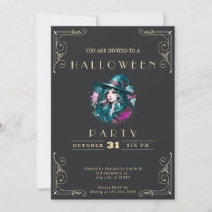 Invitation Tableau Noir Sorcière Arc-en-Ciel Halloween en Or 