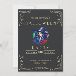 Invitation Tableau Noir Sorcière Arc-en-Ciel Halloween en Or