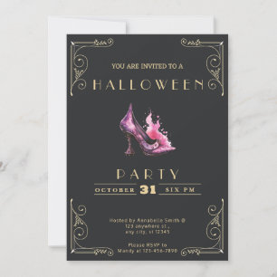 Invitation Tableau noir Sorcière Stiletto Halloween noir et o