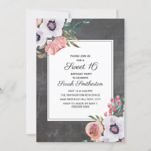 Invitation Tableau noir vintage Fleurs roses et blanches Douc