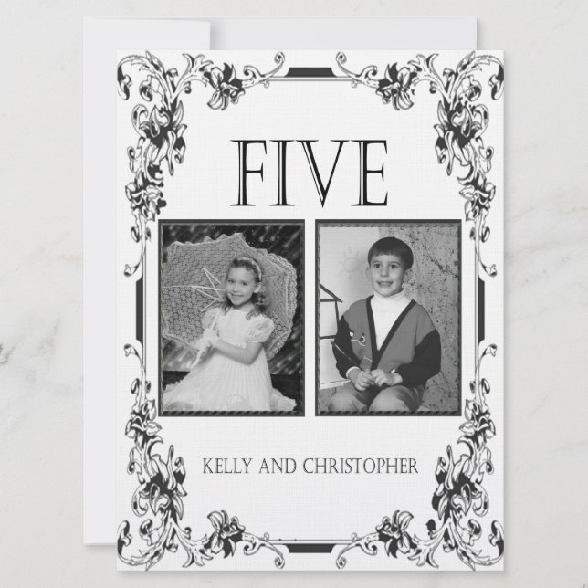 Invitation Tableau photo blanc vintage et noir Numéro 5 (Devant)