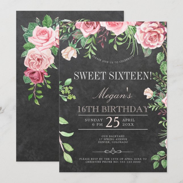 Invitation Tableau Rustique rose Roses Sweet sixteen de jardi (Devant / Derrière)