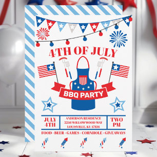 Invitation Tablier de barbecue du 4 juillet bleu clair Fête B