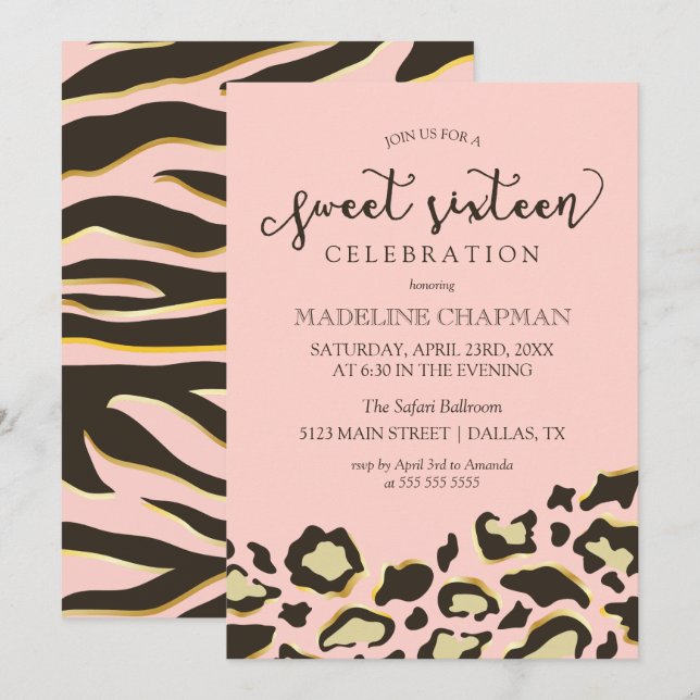 Invitation Taches de léopard et sweet sixteen de rayures de (Devant / Derrière)