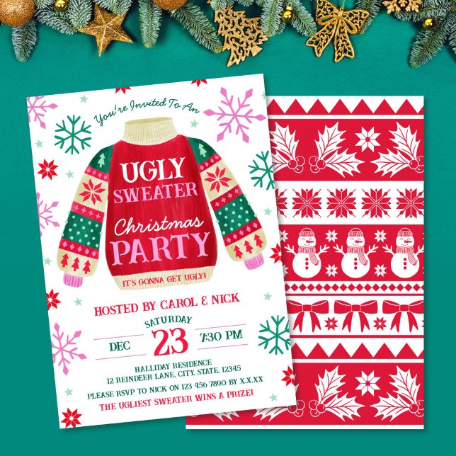 Invitation Tacky Festive Ugly Sweater Party Rouge et Vert (Tacky Festive Ugly Sweater Party Red and Green Invitation)