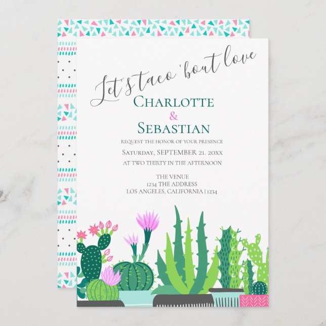 Invitation Taco à l'amour succulent mariage de cactus (Devant / Derrière)