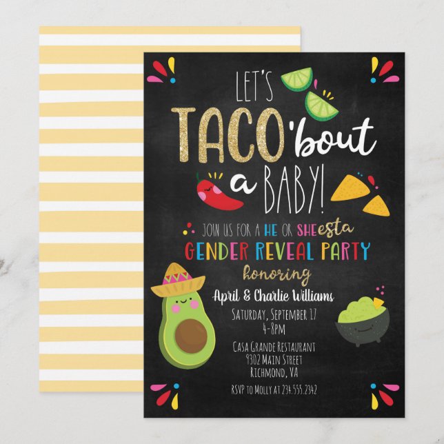 Invitation Taco 'à propos d'une fête de bébé thème Révélation (Devant / Derrière)