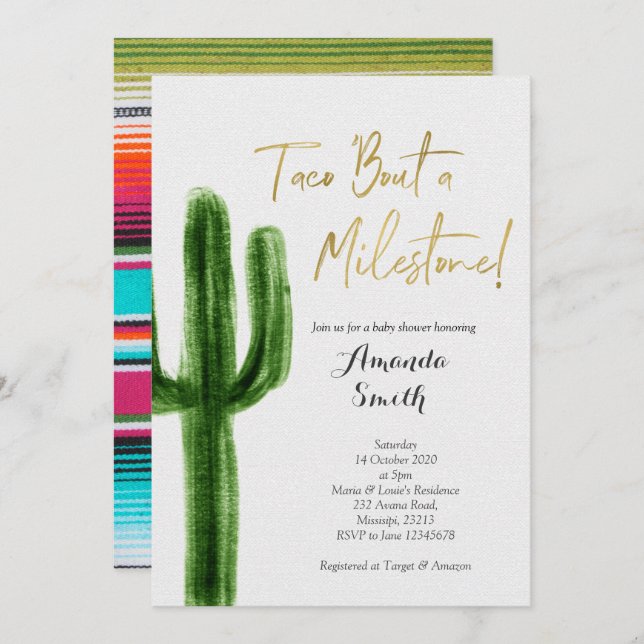 Invitation Taco à un jalon Baby shower Cactus (Devant / Derrière)