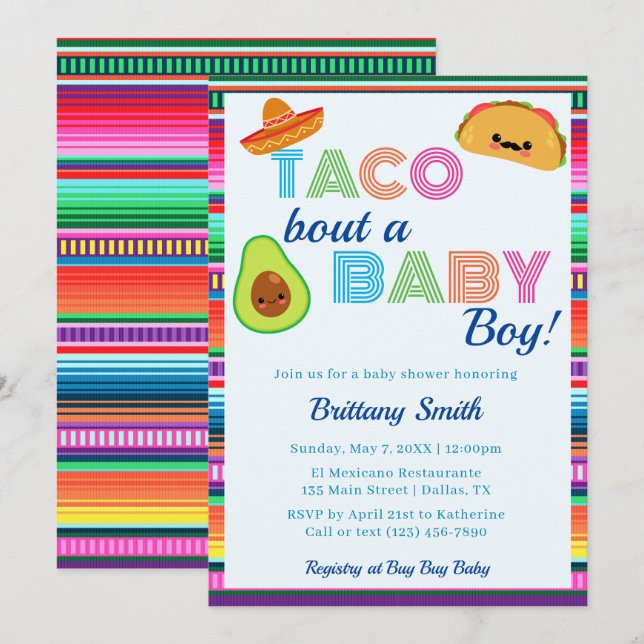 Invitation Taco Bout a Baby Boy Fiesta Stripe Baby shower (Devant / Derrière)