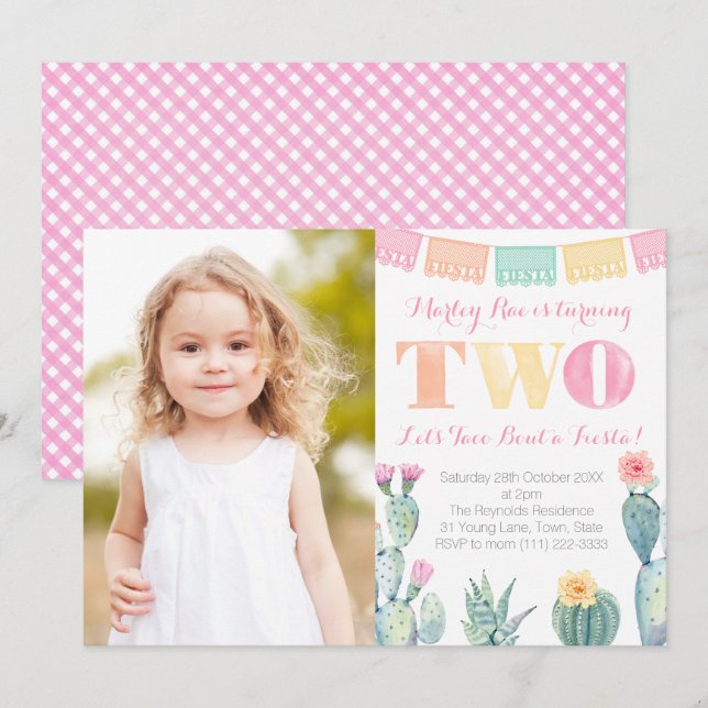 Invitation Taco Bout a Fiesta Girl 2nd Birthday Party (Devant / Derrière)