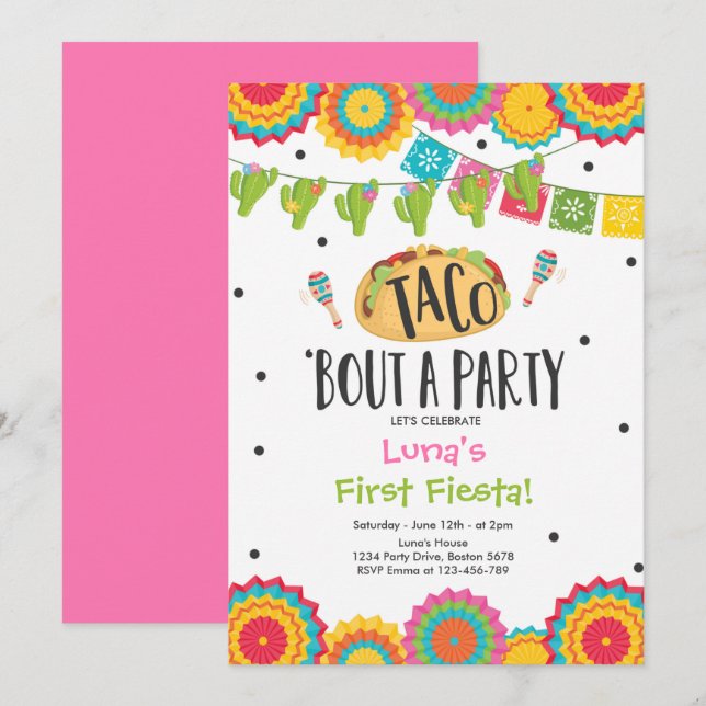 Invitation Taco 'Bout a Party Girl First Fiesta Birthday (Devant / Derrière)
