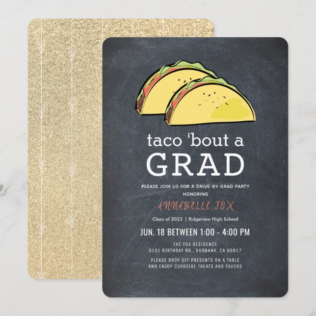 Invitation Taco Bout GRAD Chalkboard Gold Drive-by Graduation (Devant / Derrière)