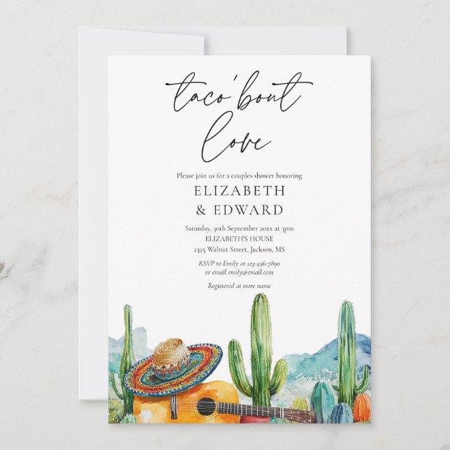 Invitation Taco Bout Love Aquarelle Photo Couples Douche (Devant)