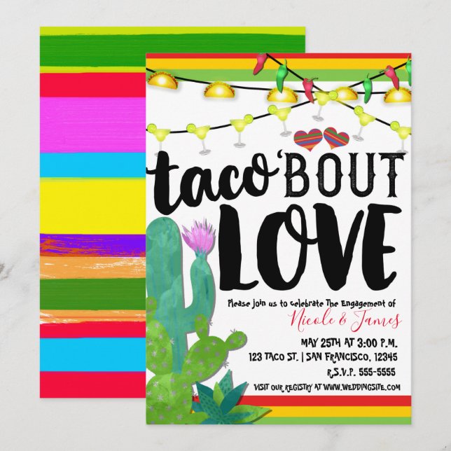 Invitation TACO BOUT LOVE Couples Fiançailles Mariage Fiesta (Devant / Derrière)