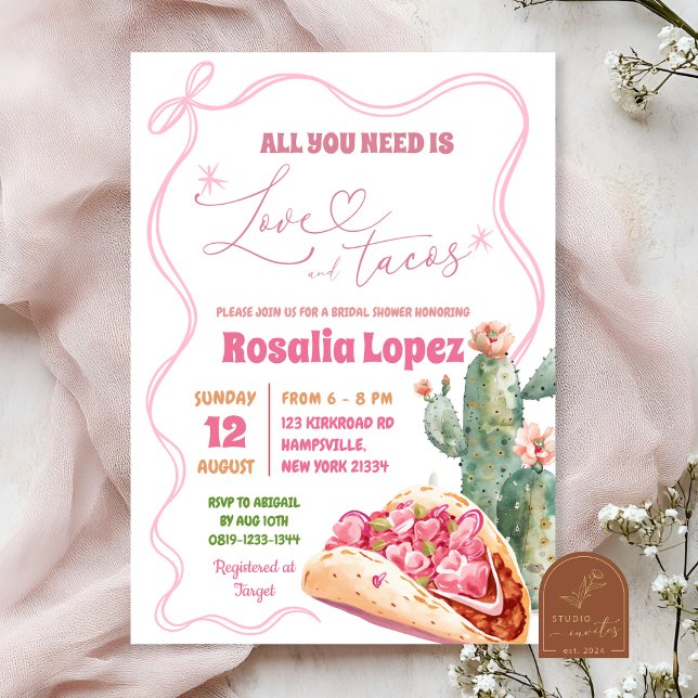 Invitation Taco Bout Love Pink Bow Fête des mariées mexicaine (Créateur téléchargé)