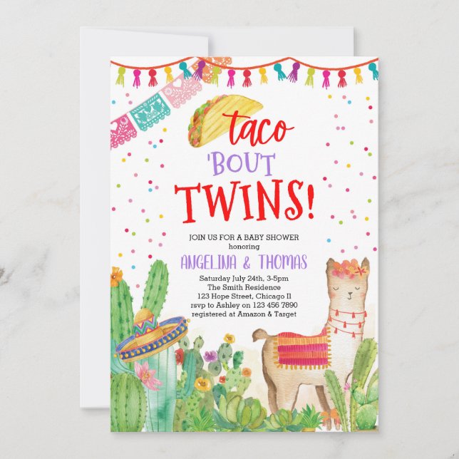 Invitation Taco Bout Twins Fiesta Llama Baby shower mexicain (Devant)