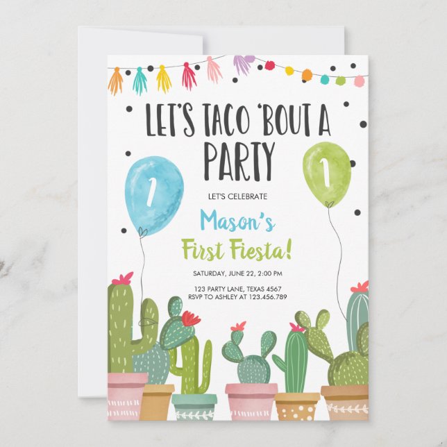 Invitation Taco Bout un garçon de fête Premier Fête Fête Bleu (Devant)