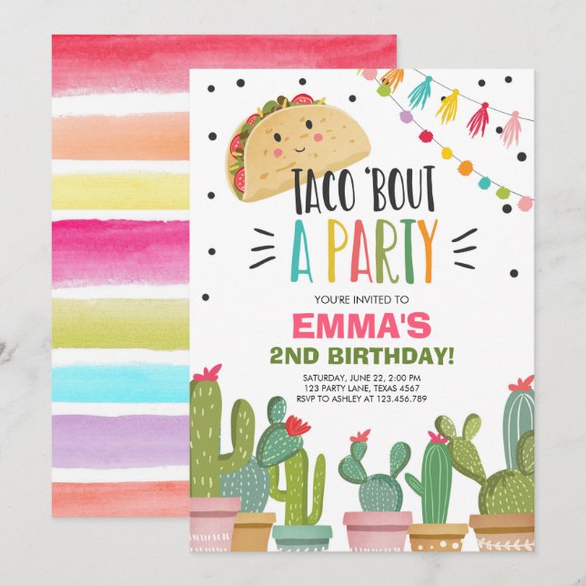 Invitation Taco Bout, une fête Fête rose Cactus d'anniversair (Devant / Derrière)