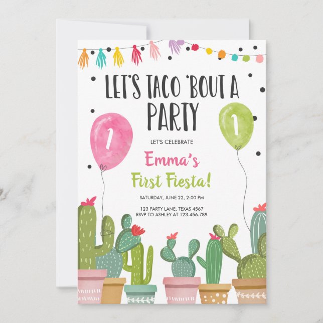 Invitation Taco Bout une fête Fille rose Premier anniversaire (Devant)