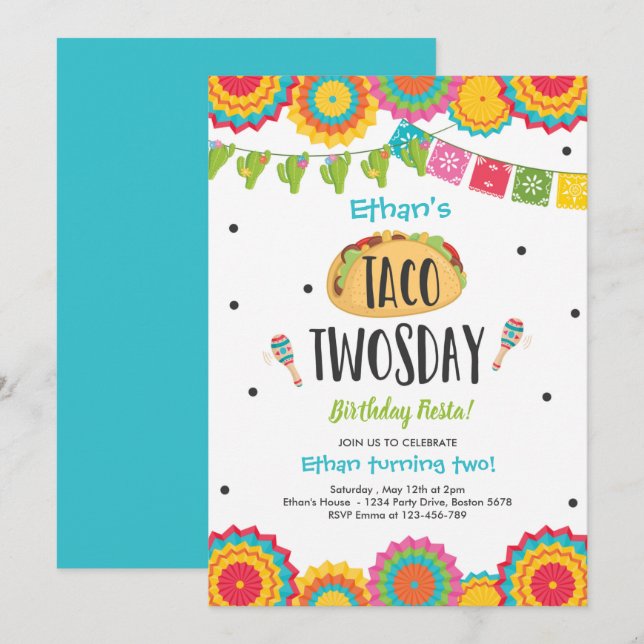 Invitation Taco Deux Anniversaires Fête du 2ème Anniversaire (Devant / Derrière)