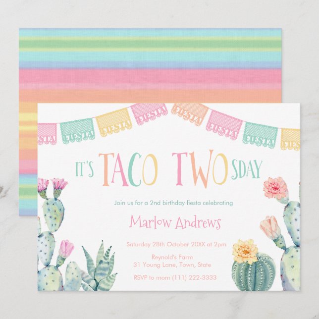 Invitation Taco Deux Jours 2E Fête D'Anniversaire Fiesta Pour (Devant / Derrière)