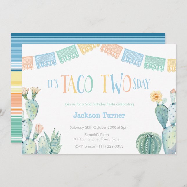 Invitation Taco Deux Jours Mardi 2 Anniversaire Fiesta Pour G (Devant / Derrière)
