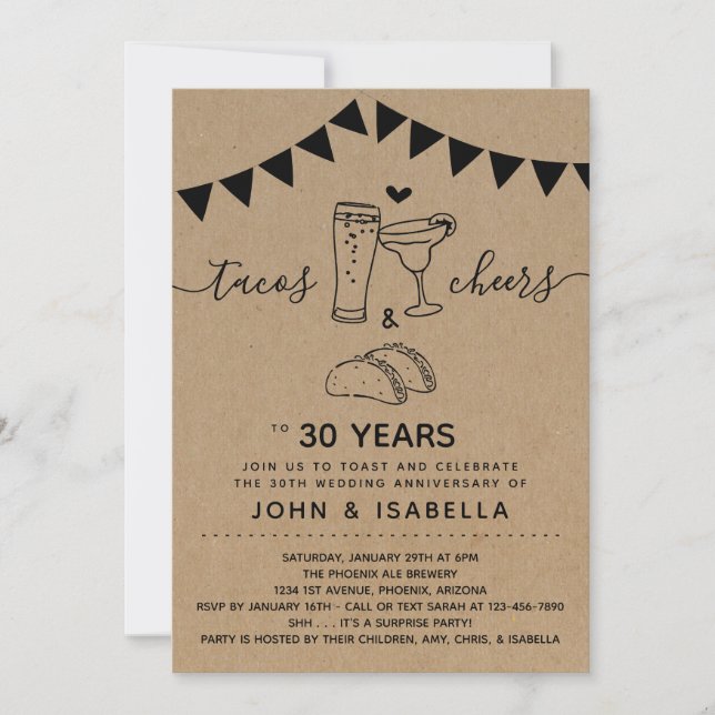 Invitation Taco Tequila Cheers & Beers Mariage Anniversaire (Devant)