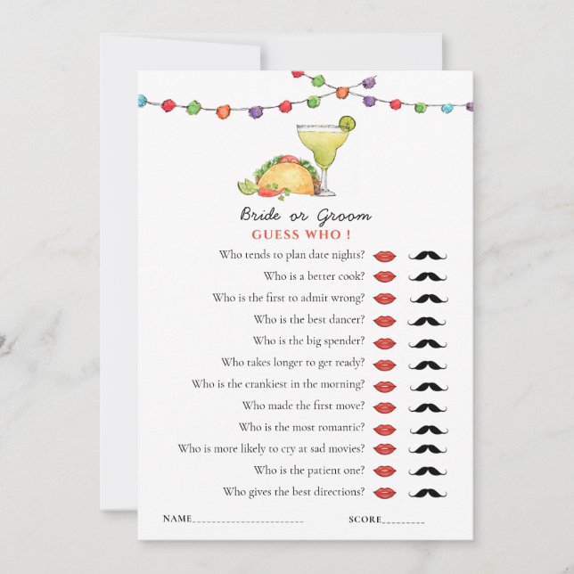 Invitation Taco & Tequila Fiseta 'Guess Who' Jeu de douche (Devant)