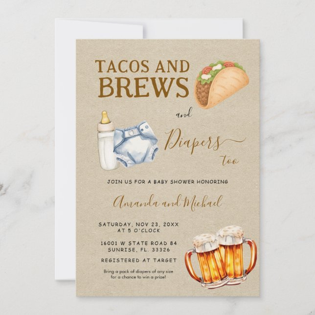 Invitation Tacos Brews et Diapers Baby shower Kraft (Devant)