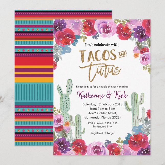 Invitation Tacos floraux mexicains et douches en couple Tutus (Devant / Derrière)