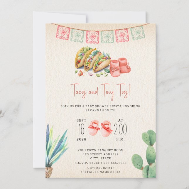 Invitation Tacos & Tiny Toes Fille Baby shower Fiesta (Devant)