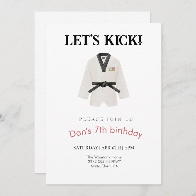 Invitation Taekwondo fête d'anniversaire (Devant / Derrière)