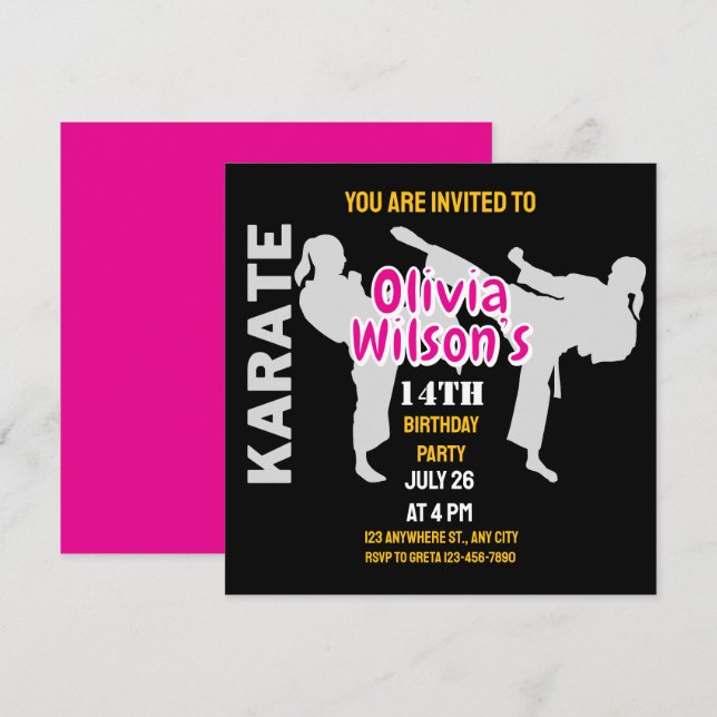 Invitation Taekwondo fête d'anniversaire, joueuse de taekwond (Devant / Derrière)