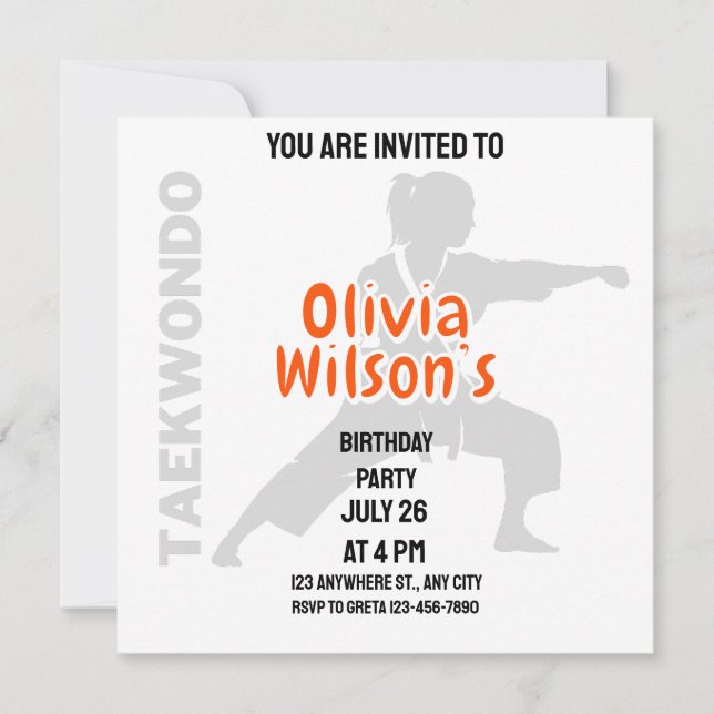 Invitation Taekwondo fête d'anniversaire, joueuse de taekwond (Devant)